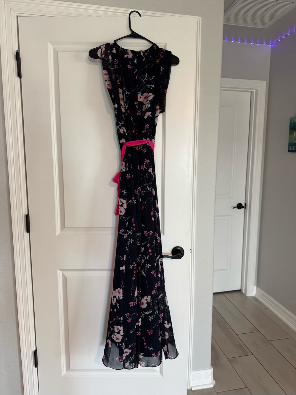 Eliza J Navy Floral Wrap Dress with Hot Pink Sash - Picture 5 of 5